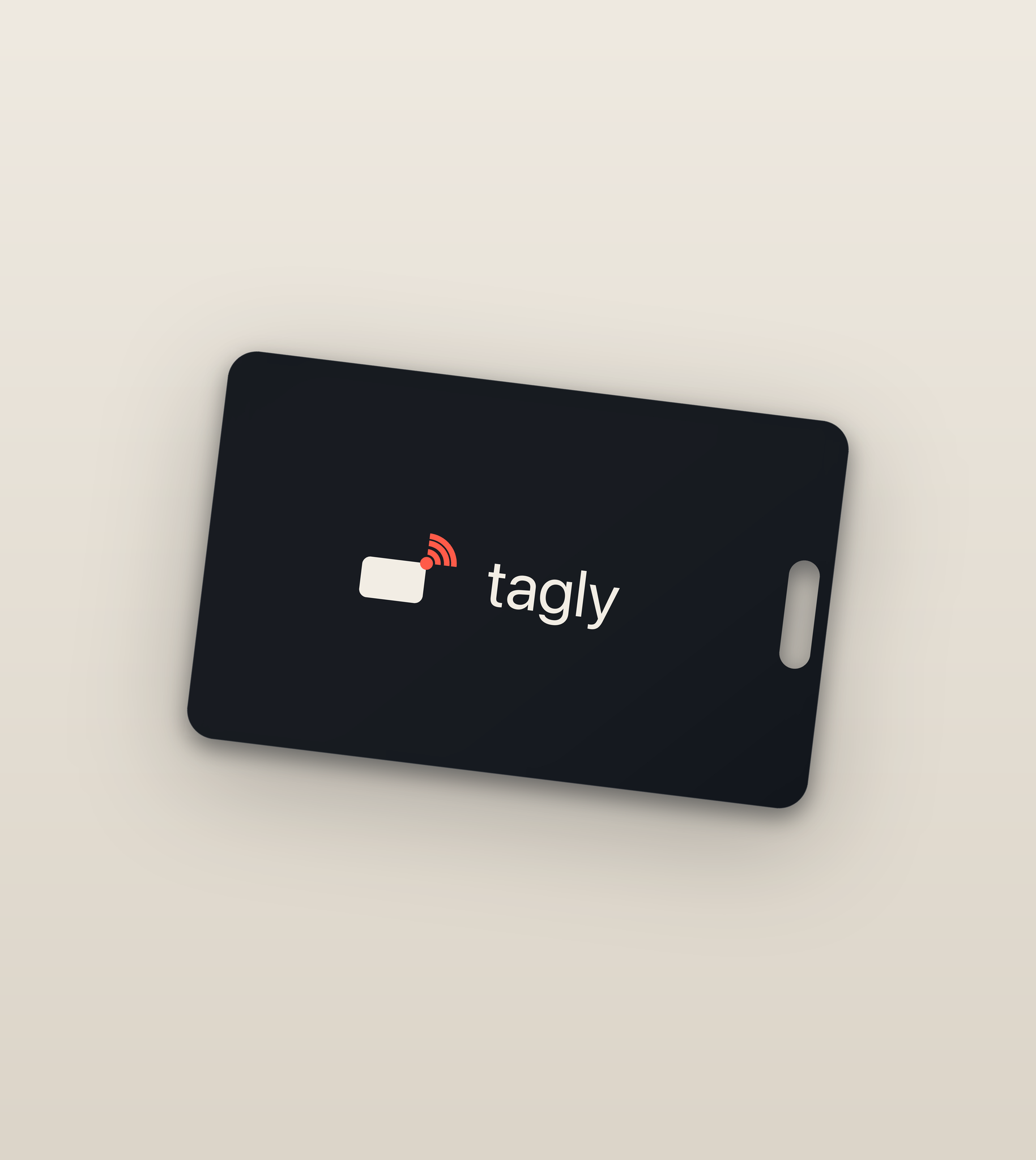 The Tagly card — matte black, with the hanging slot cut through one short edge